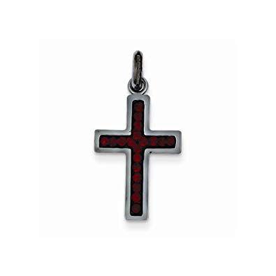 SS White On Red Cross Logo - Sterling Silver Ceramic Plated Black Ceramic Red Crystal Cross