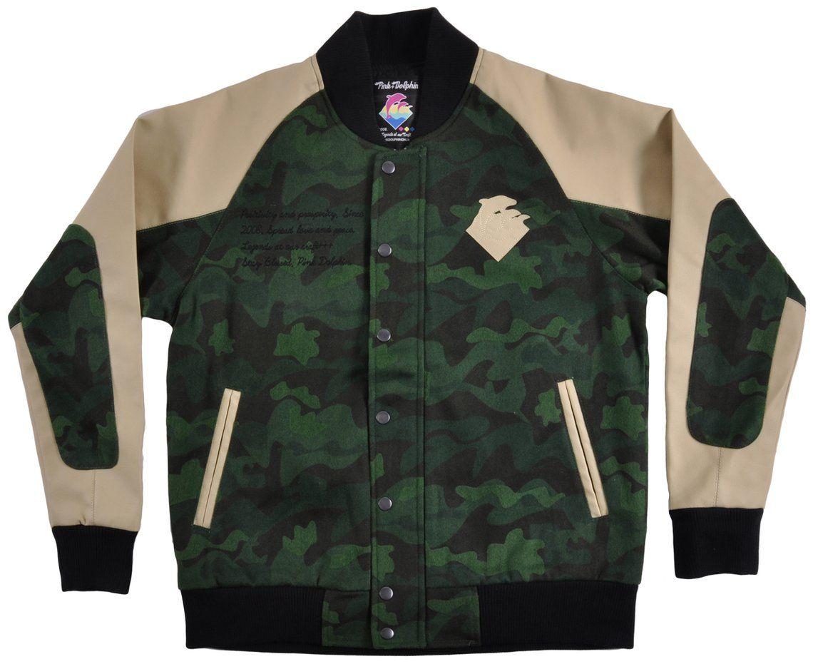 Jacket Pink Dolphin P Logo - Pink Dolphin Wool Waves Varsity Jacket Army Camouflage Genuine