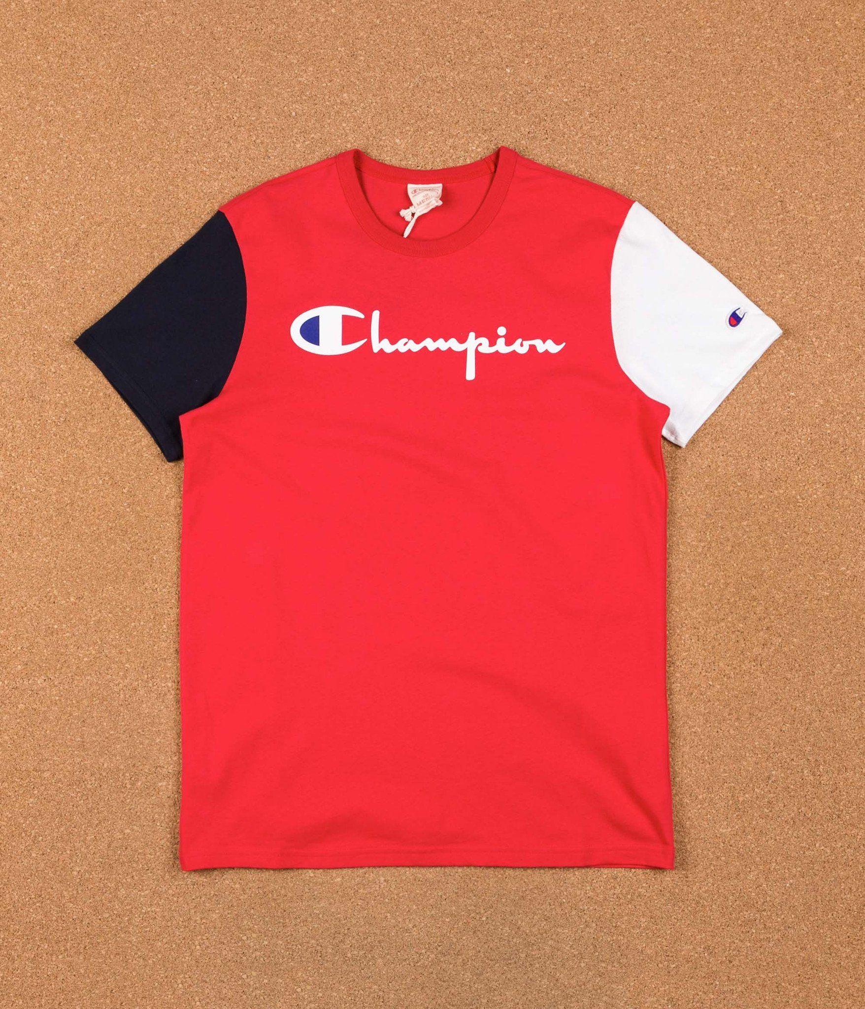 Red Navy Logo - Champion Reverse Weave Tricolour Script Logo T Shirt / Navy