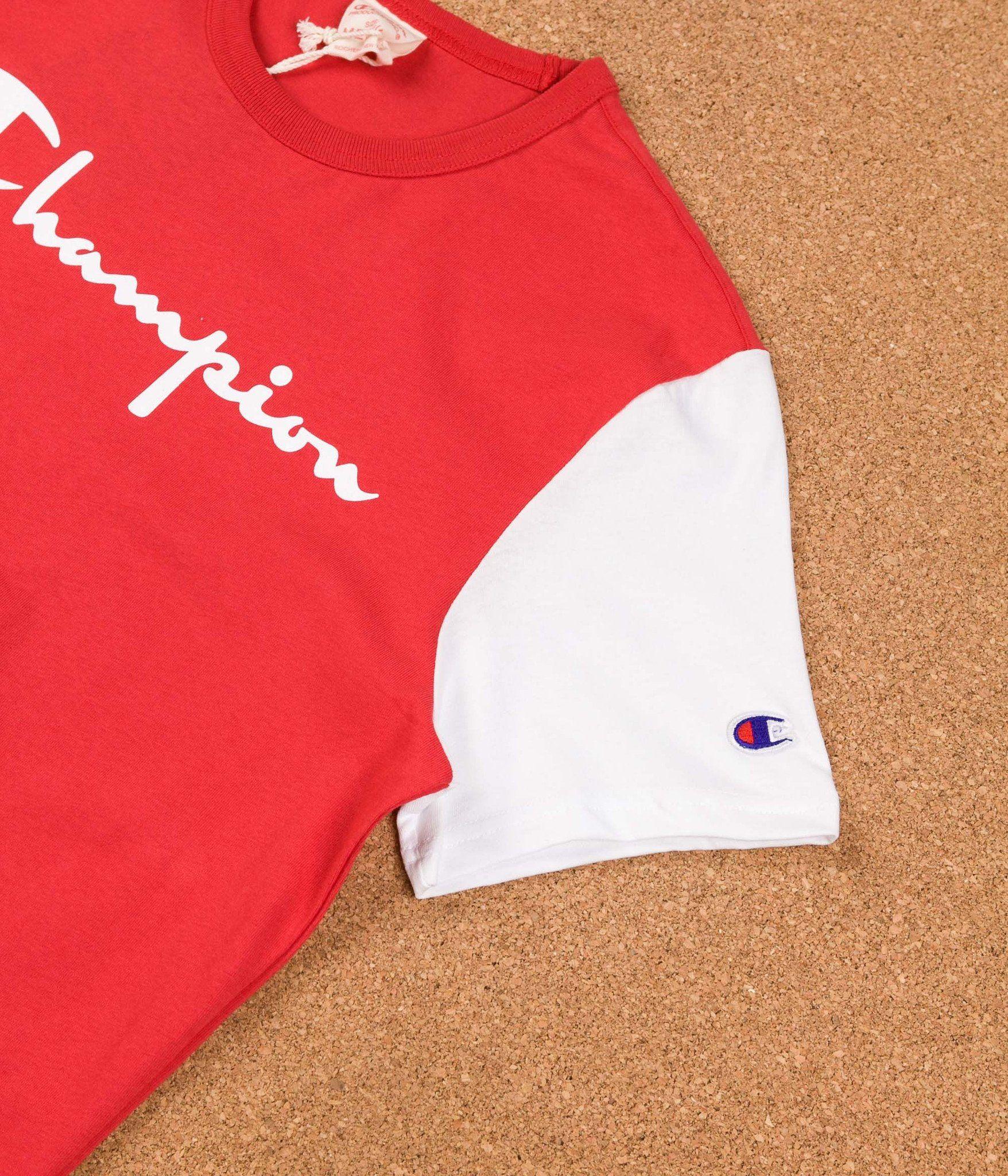 Red Reverse Logo - Champion Reverse Weave Tricolour Script Logo T-Shirt - Red / Navy ...