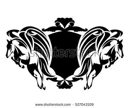Black Winged Horse Logo - two flying pegasus with shield and white winged horses