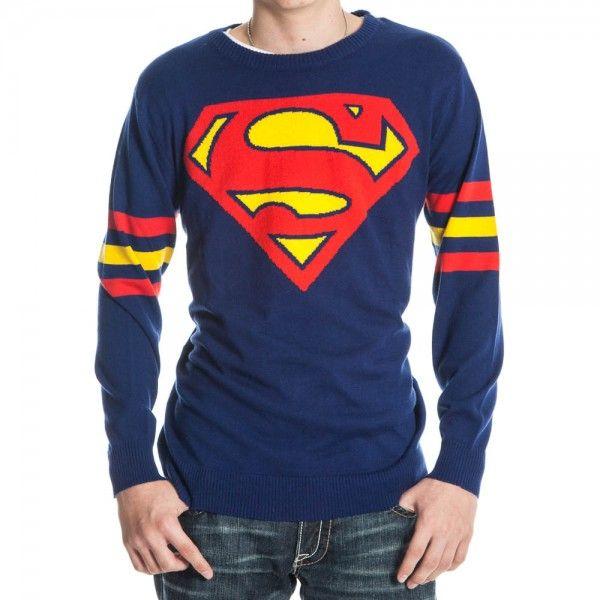 Royal Blue Superman Logo - Details about Superman Logo Adult Royal Blue Knitted Sweater with Striped  Sleeves
