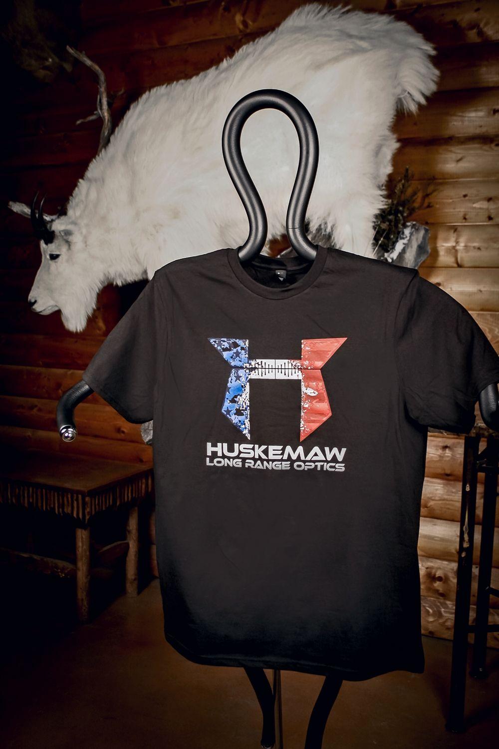 White with Red V Logo - Huskemaw T-shirt with Red, White, Blue Logo
