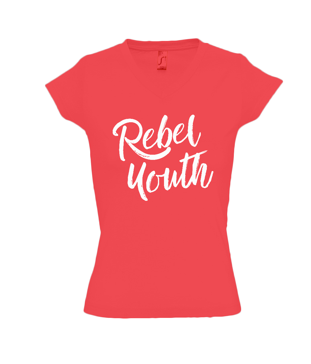 White with Red V Logo - Ladies V-Neck Tee (White Logo) | Rebel Youth