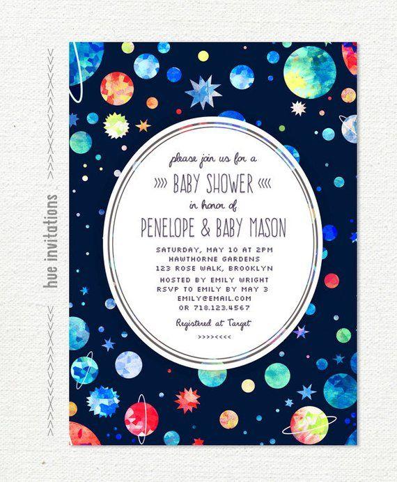 Space with Blue Red Circle Logo - boy baby shower invitation, space theme baby shower blue green red