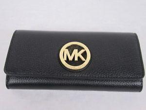 MK Gold Logo - Michael Kors Black Leather MK Gold Logo Fulton Flap Continental