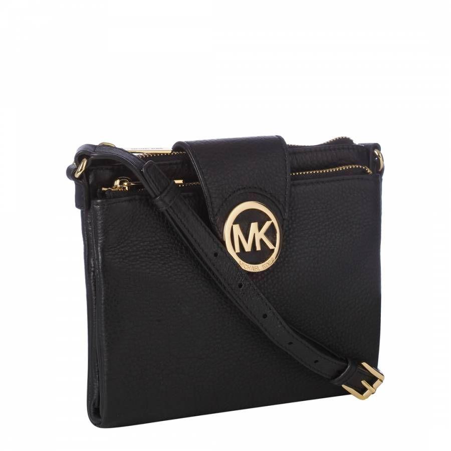 MK Gold Logo - SMALL LEATHER CROSSBODY WITH LARGE MK GOLD FRONT LOGO - BrandAlley