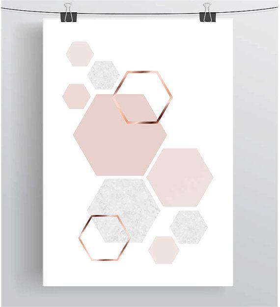 Hexagon Shaped Gold Auto Logo - Blush Print Copper Wall Art Rose Gold Print Hexagon Poster Geometric