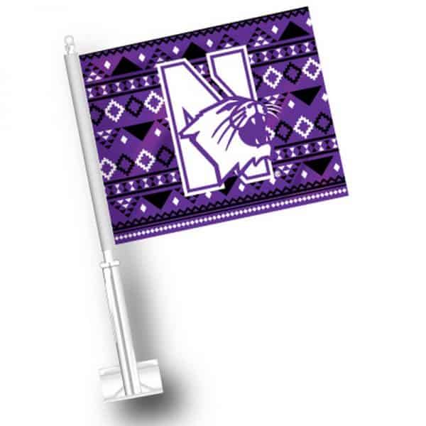 Purple Cat Logo - Northwestern Wildcats Purple Car Flag with Aztec Print and N-Cat Logo