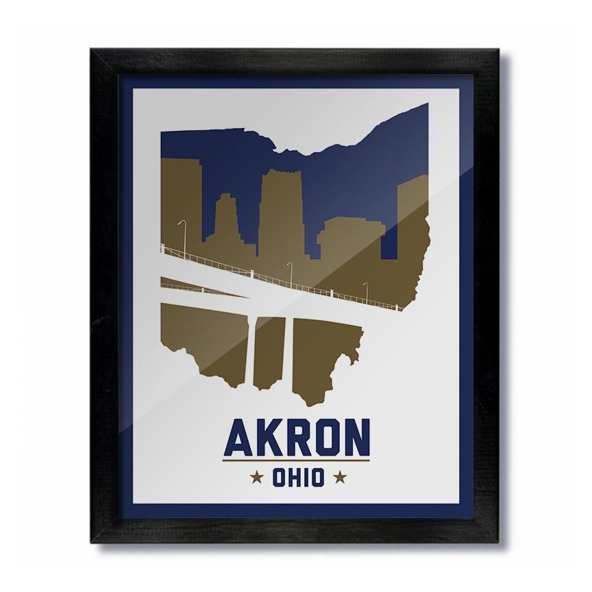 Gold White and Blue College Logo - Akron, Ohio Skyline Print: White - Blue/Gold College - D&W Elements