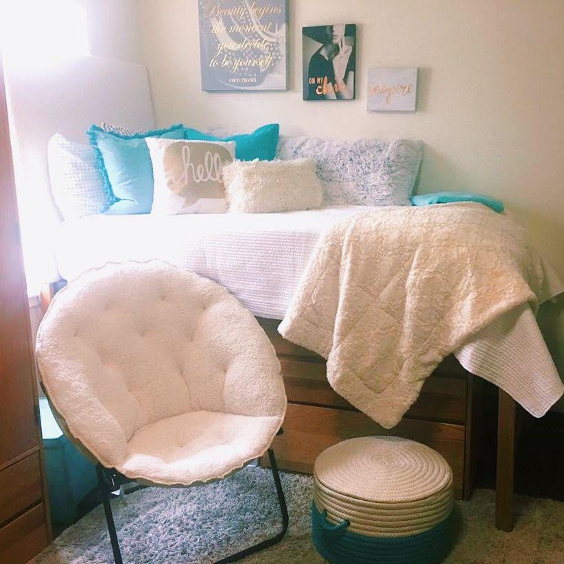 Gold White and Blue College Logo - Dorm room white teal, blue, gold, comfy dorm room, college bed