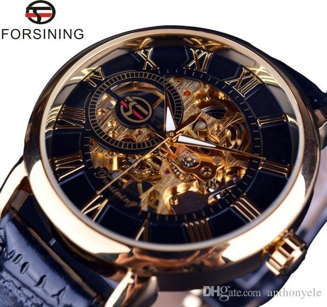 Wrist Watch Logo - Forsining 3D Logo Design Hollow Engraving Man Wrist Watch Black Gold