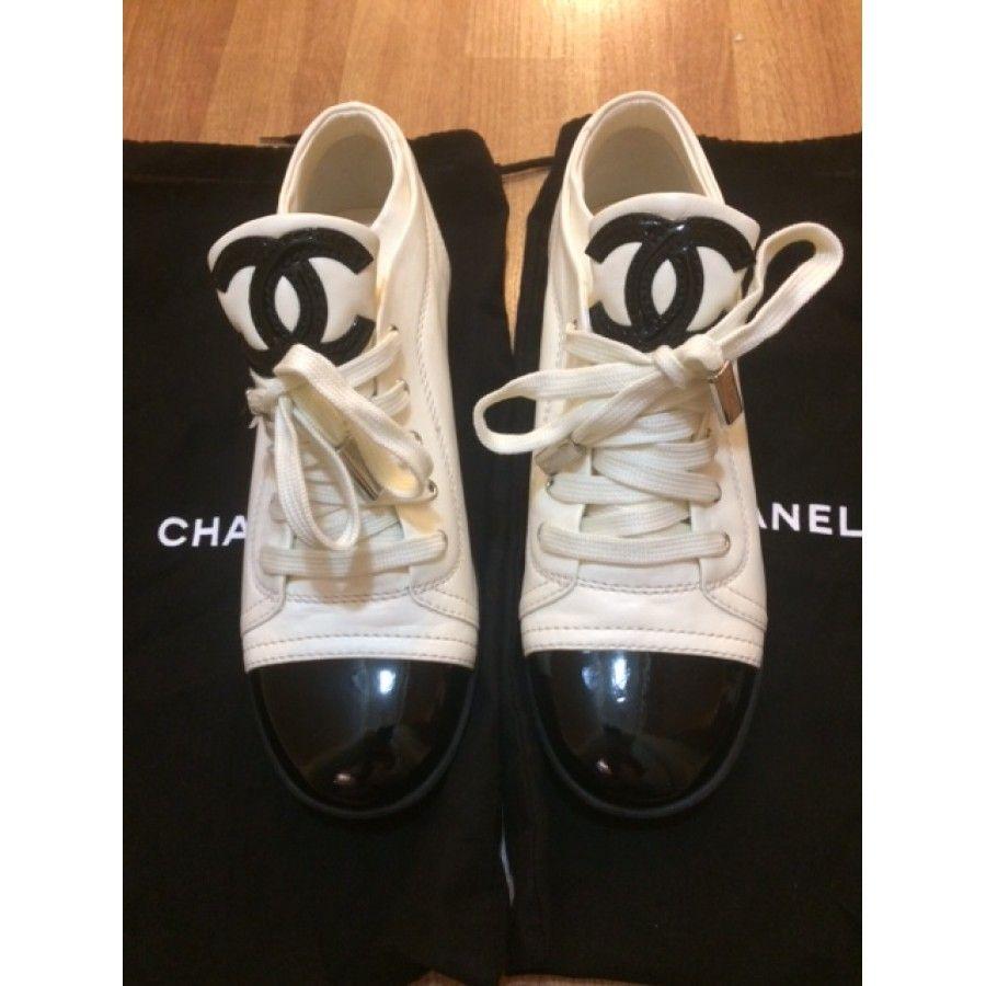 Chanel White CC Logo - $800 Chanel White Black Patent Leather Captoe CC Logo Sneakers SZ