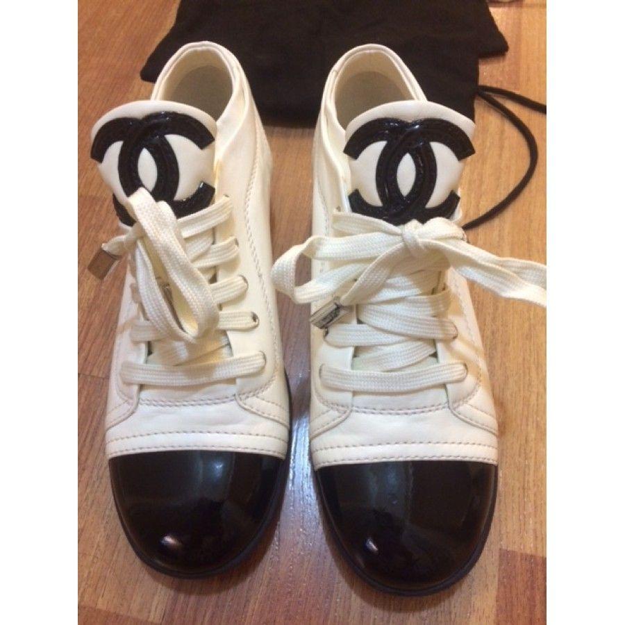 Chanel White CC Logo - $800 Chanel White Black Patent Leather Captoe CC Logo Sneakers SZ