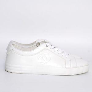 Chanel White CC Logo - CHANEL White Leather Low Top Sneakers Lace Up CC Logo Trainers Shoes