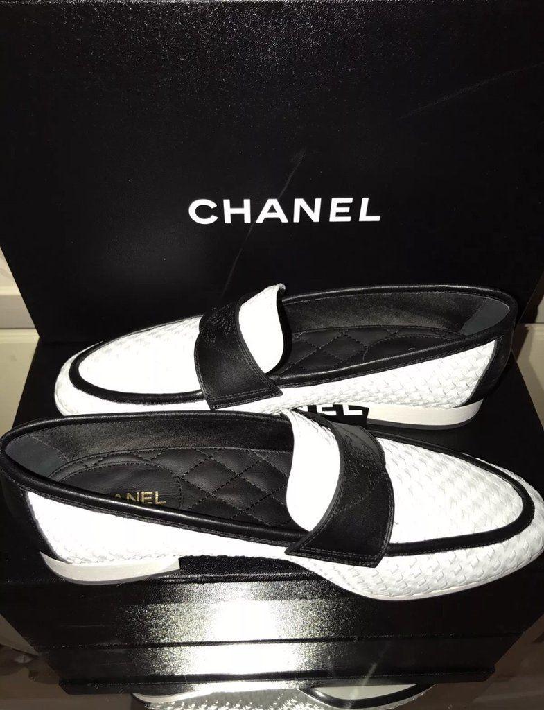 Chanel White CC Logo - CHANEL WHITE BRAIDED BLACK LEATHER CC LOGO SLIP LOAFERS MOCCASIN