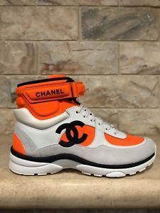 Chanel White CC Logo - NIB Chanel 18P Orange White Neoprene CC Logo Lace High Top Trainer