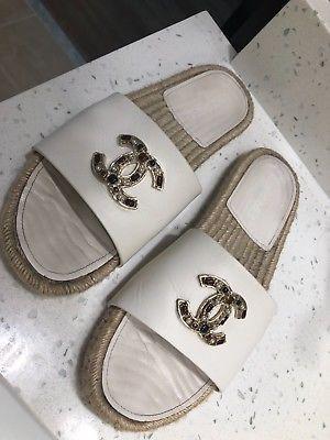 Chanel White CC Logo - SZ 40 CHANEL White Leather Mules Slides Espadrilles Sandals With ...