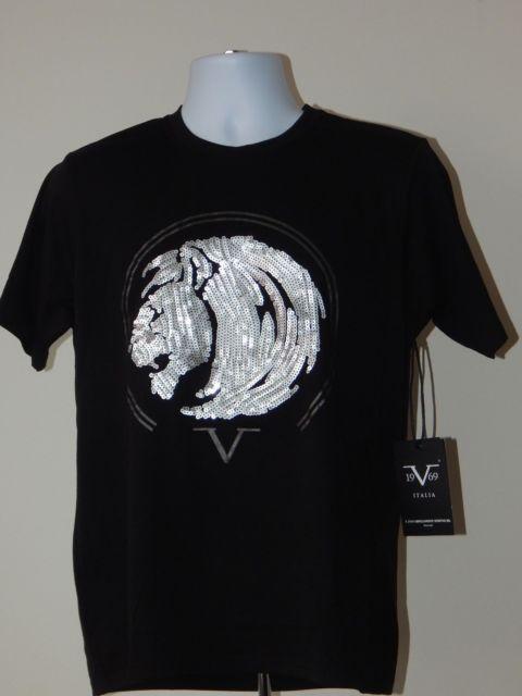 Shirt with Lion Logo - Men's V 1969 ITALIA Versace Black Graphic Crew T Shirt Sequin Lion