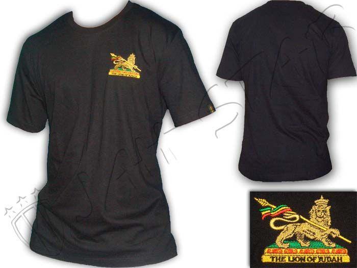 Shirt with Lion Logo - T-Shirt Rasta Reggae Conquering Lion of Judah Logo Embroidered