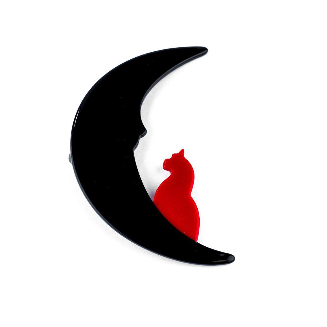 Black and Red Cat Logo - Moon with Red Cat Brooch, Black Resin - McCalls Jewellers Aberdeen