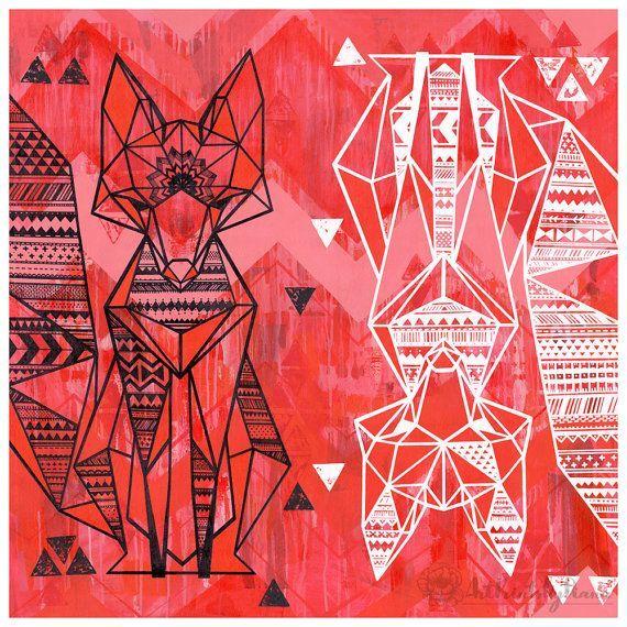 Animal with a Red and White Triangle Logo - Geometric Fox Sisters Red Giclee Art Print Poster Wall art Room
