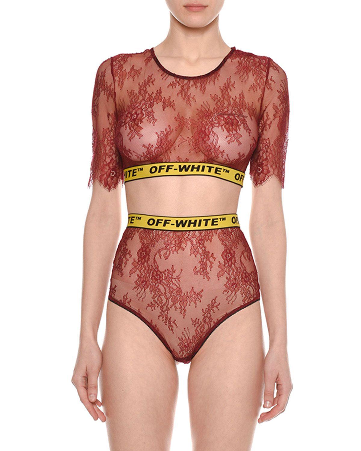 White Red Fashion Logo - Off White Crewneck Short Sleeve Lace Bra Top With Logo Band, Red