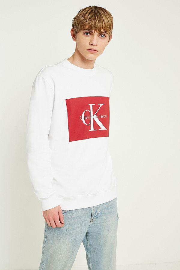Calvin Klein Jeans Logo - Calvin Klein Jeans White Logo Crew Neck Sweatshirt | Urban Outfitters UK