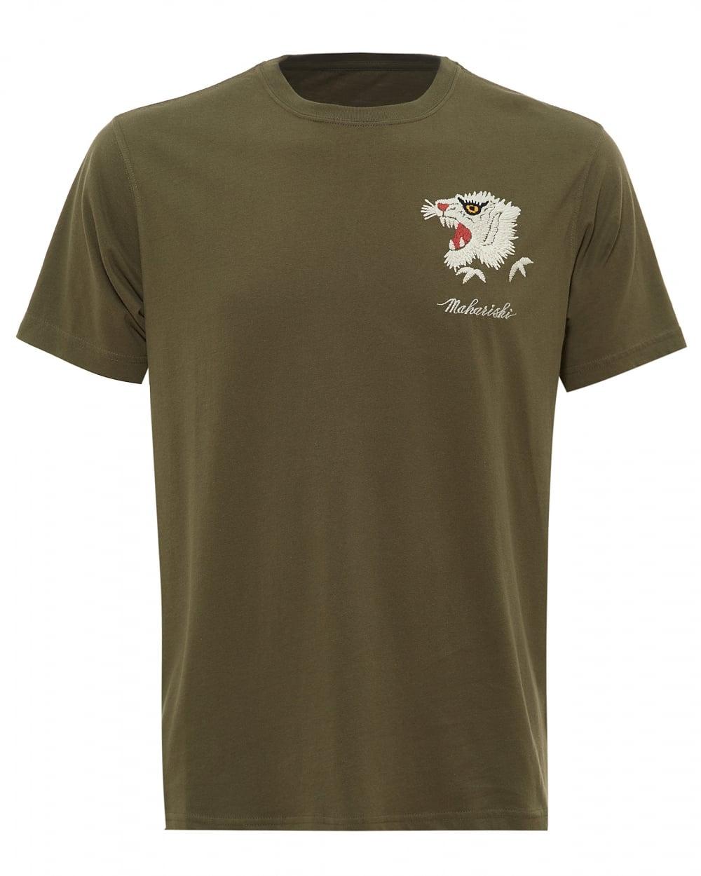 Olive Green and White Logo - Maharishi Mens White Tiger T-Shirt, Embroidered Olive Green Tee