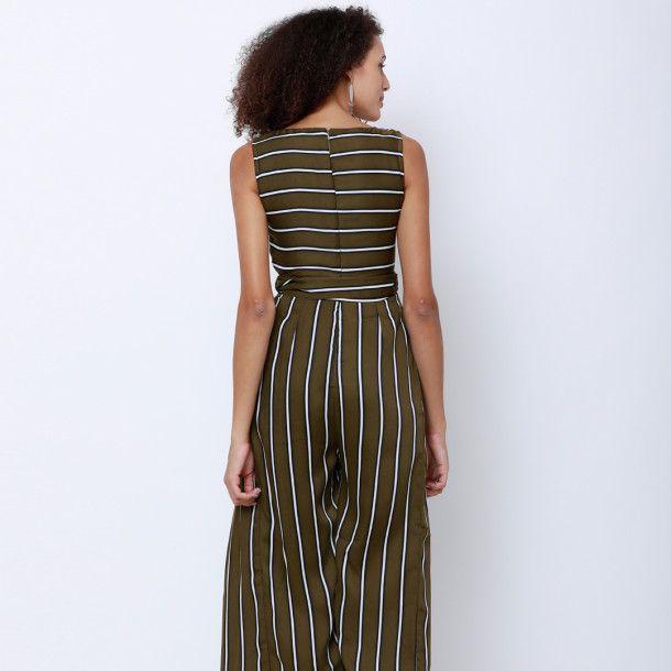 Olive Green and White Logo - Tokyo Talkies Olive Green & White Striped Culotte Jumpsuit ...