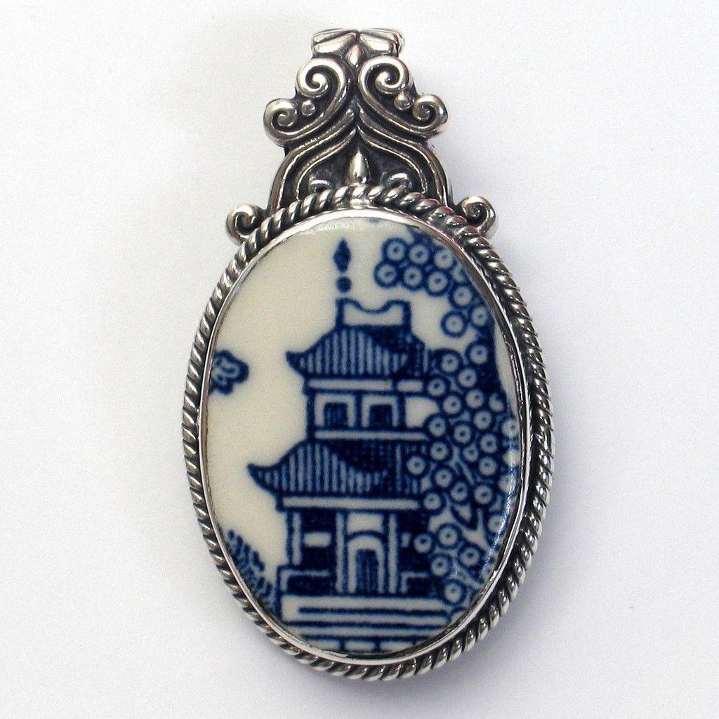 Broken Blue Oval Logo - Broken China Jewelry Blue Willow Pagoda Sterling Oval Scroll Top ...