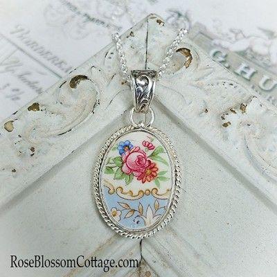 Broken Blue Oval Logo - Antique Broken China Jewelry Three Roses Oval Sterling Pendant Necklace