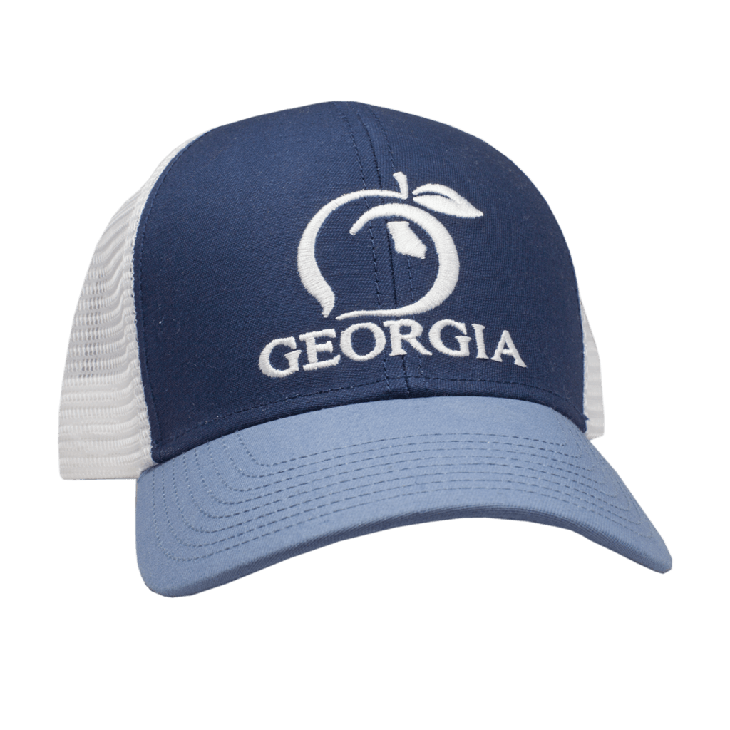 State of Georgia Peach Logo - Peach State Pride Georgia Mesh Back Trucker Hat Blue