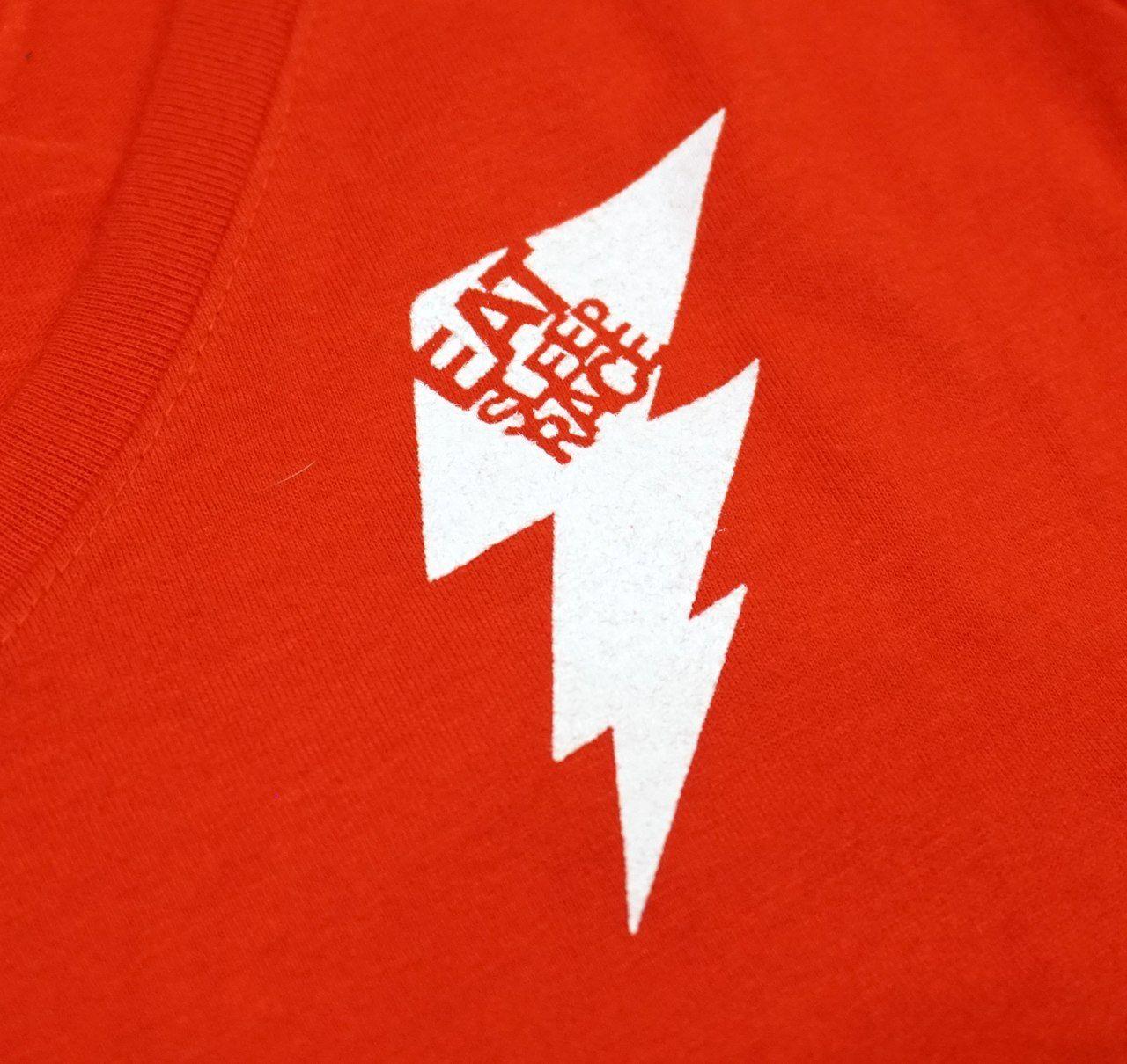 Red White Race Logo - Ladies Bolt Emblem V Neck Shirt. Red White Sleep Race