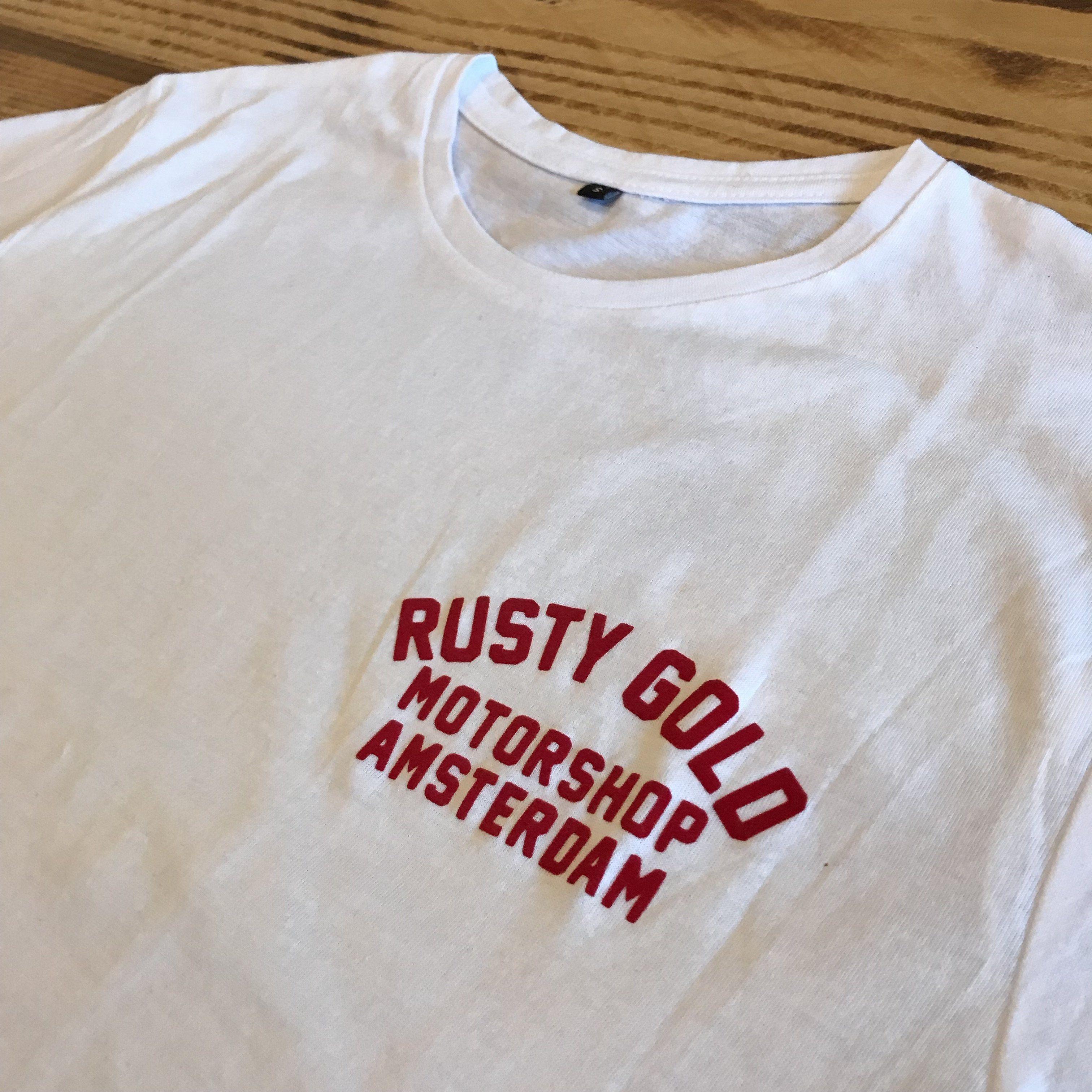 Red White Race Logo - Rusty Race logo tee White Red - Rusty Gold Motorshop