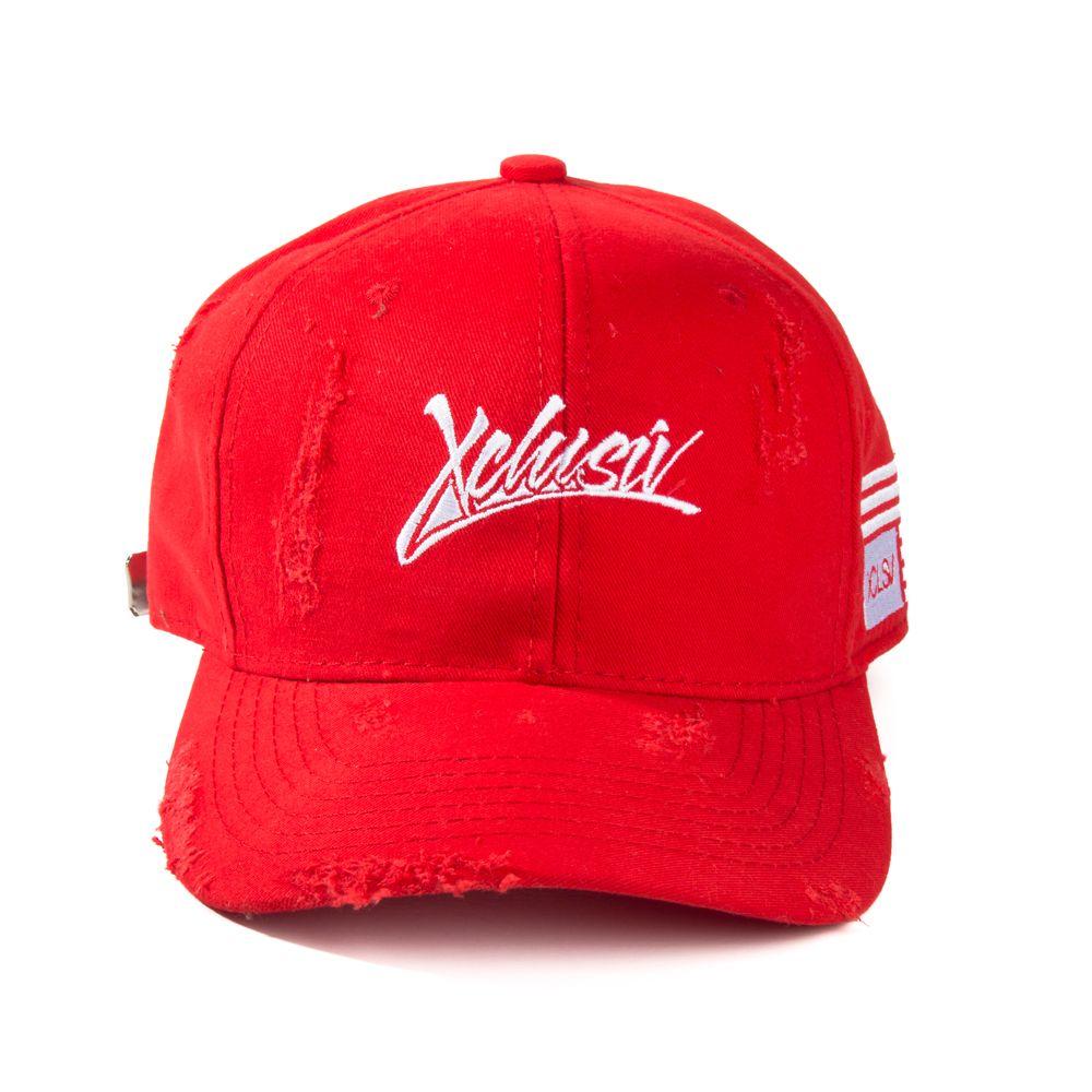 Red Cursive Logo - Xclusiv-Cursive-Logo-distressed-dad-hat-in-red-Front - XCLSV®