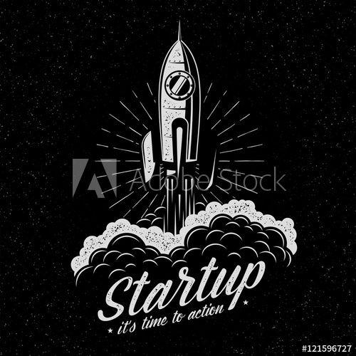 Spaceship Logo - Rocket takes off startup symbol in retro vintage style. Launched ...