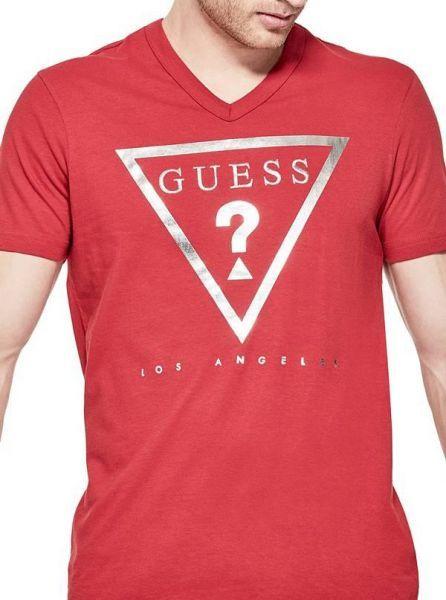 Guess the in Red V Logo - TAFT LOGO V NECK TEE RED X82I36RI7R0