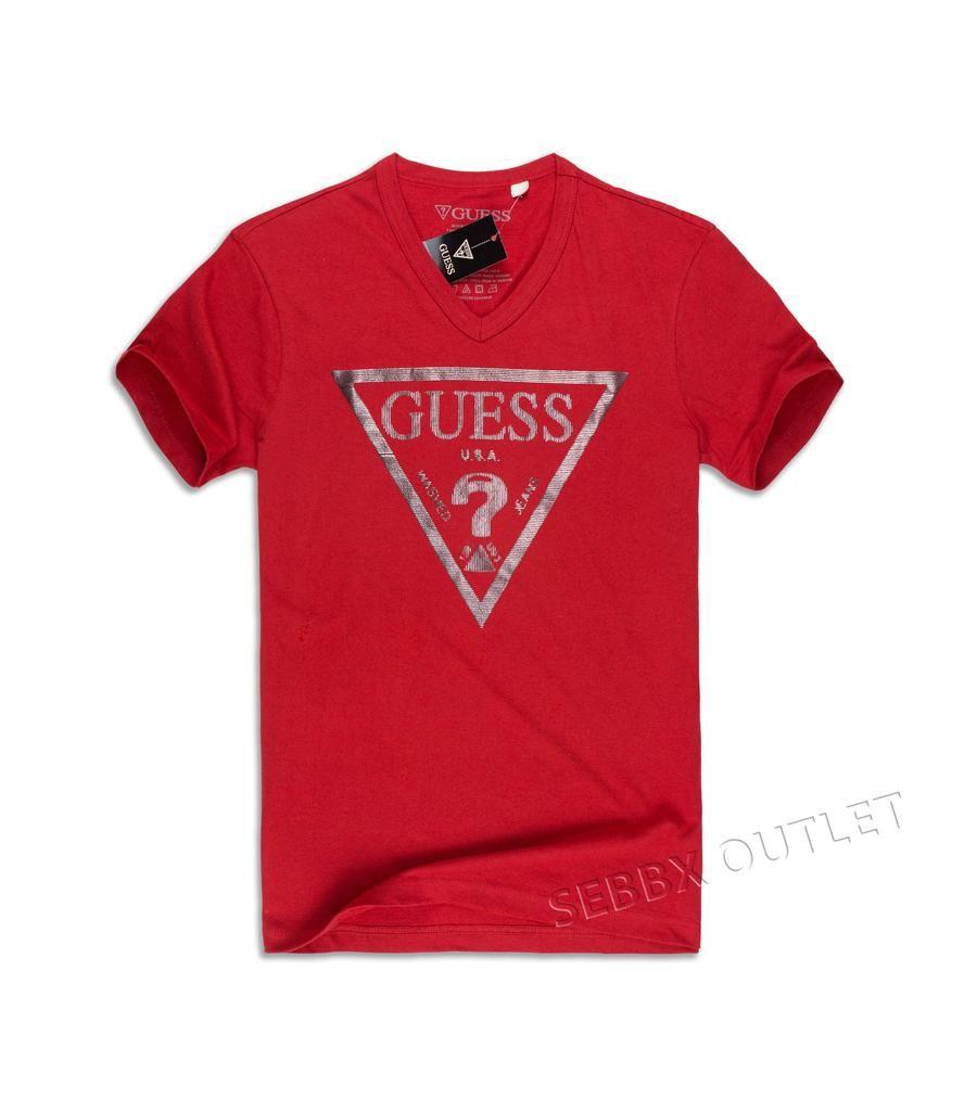 Guess the in Red V Logo - Guess T Shirt Bordeaux Logo V Neck Tee Varsity Red. men's Guess