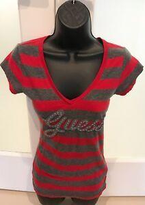 Guess the in Red V Logo - Guess V Neck Red And Gray Striped Logo Tshirt | eBay