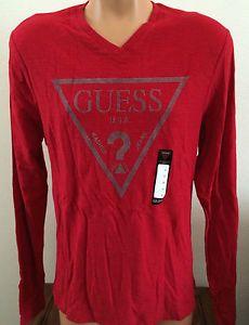 Guess the in Red V Logo - Mens Medium M GUESS Red Long Sleeve Lucite Logo Slub V Neck Cotton T