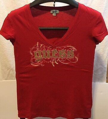 Guess the in Red V Logo - GUESS WOMEN'S RED T-Shirt V Neck Cap Sleeve Gold Embellished Logo L ...