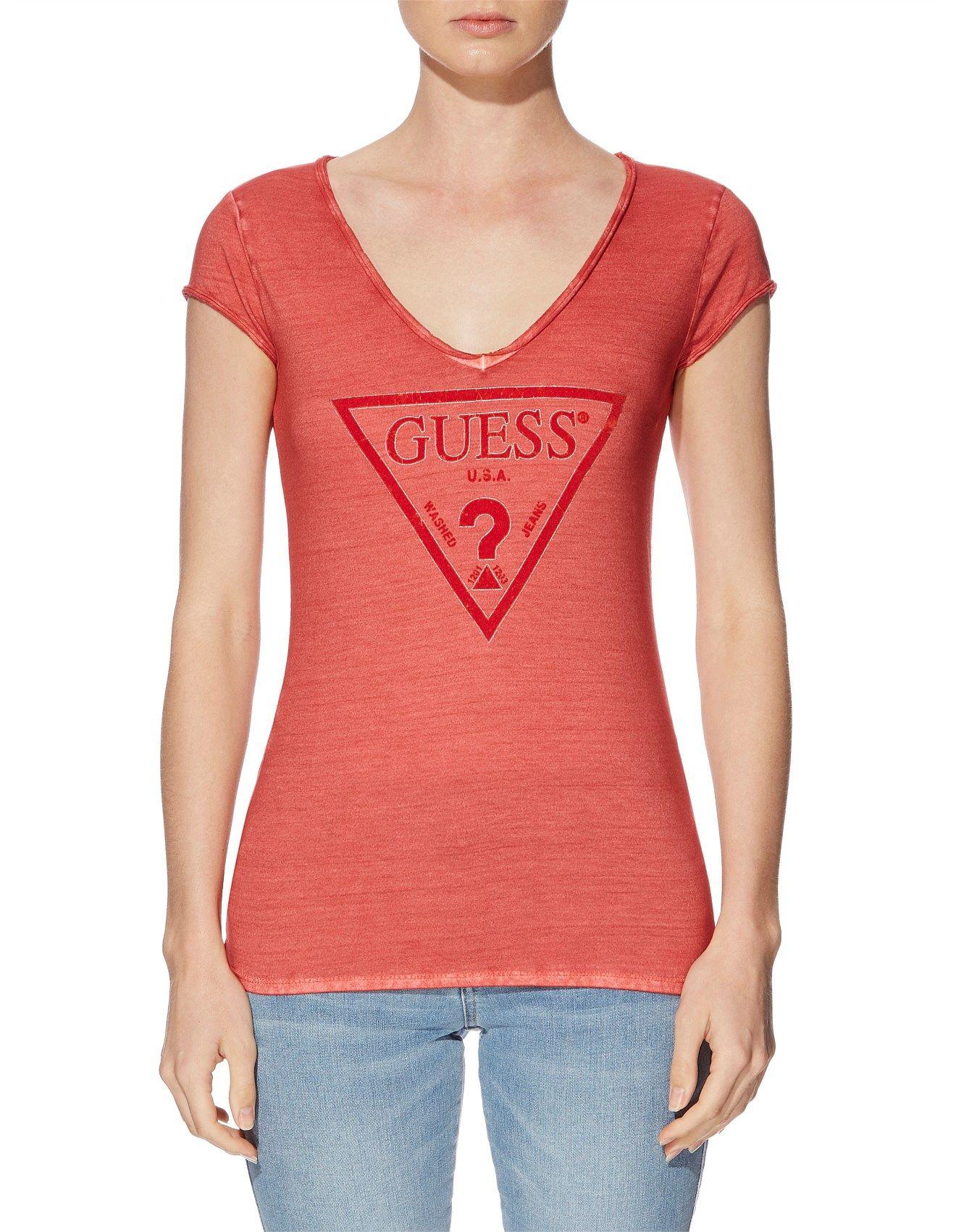 Guess the in Red V Logo - Tops, Tees & T-Shirts - Oil Wash V Neck Logo Tee