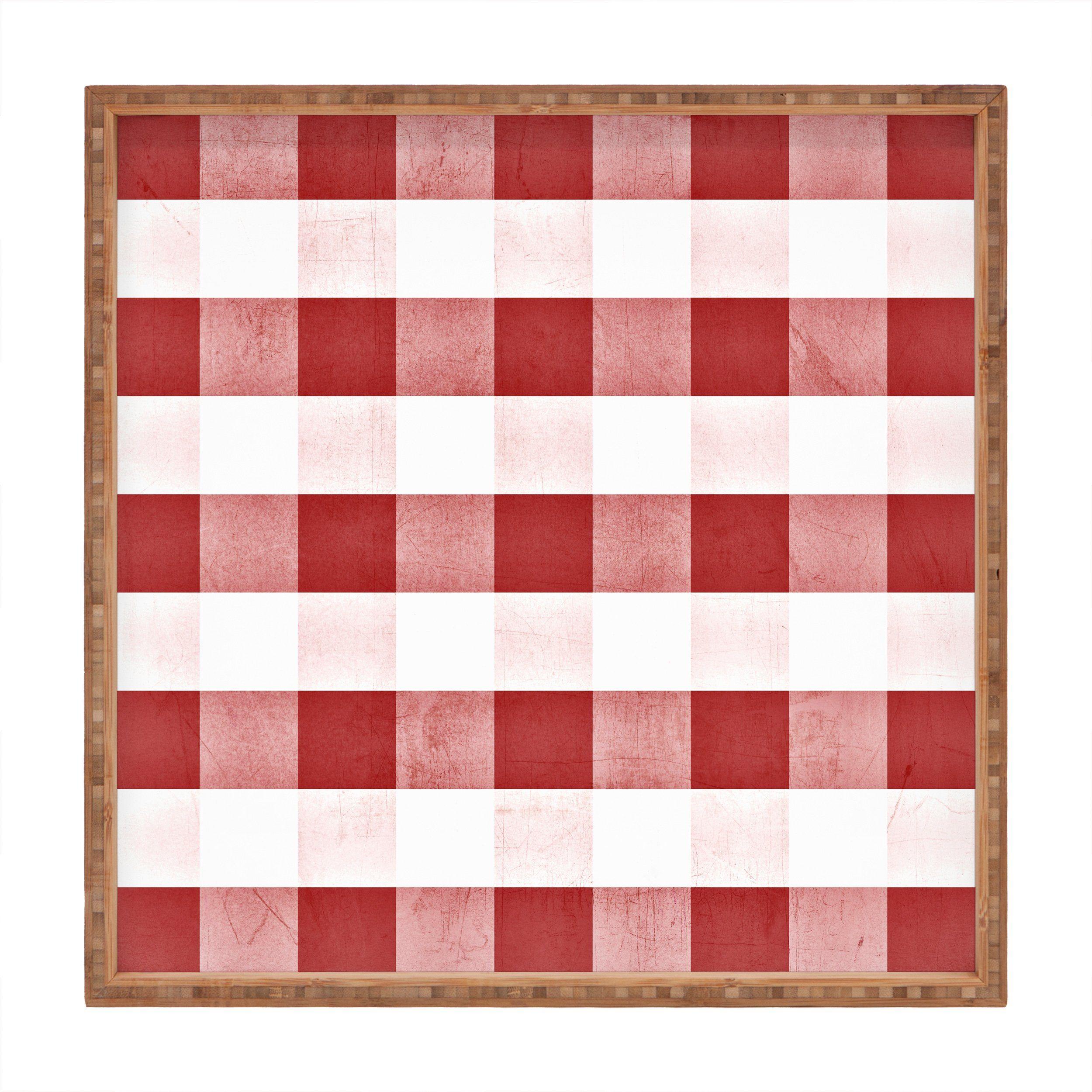 Red Checkered Square Logo - Farmhouse Shabby Gingham Red Checkered Plaid Square Tray Monika Strigel