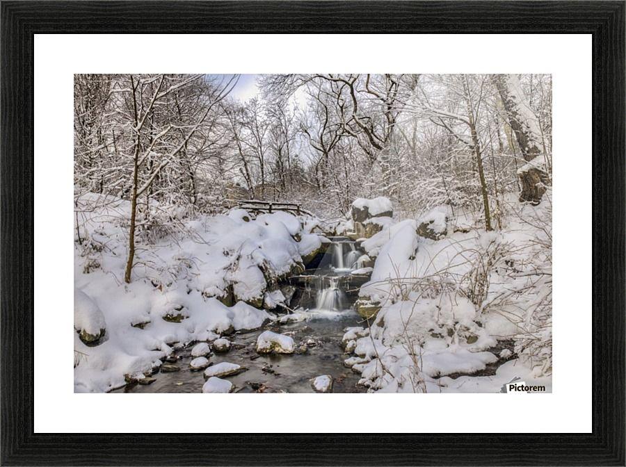 Rustic Bridge Logo - Waterfall under snow-covered rustic bridge, Central Park; New York ...