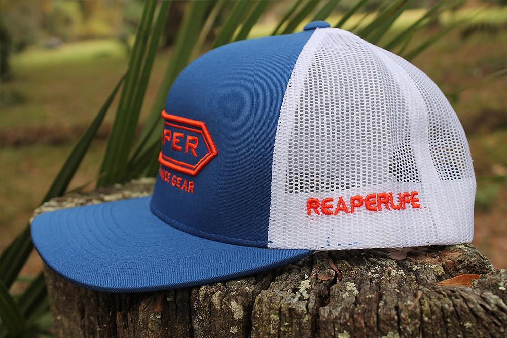 Blue White Orange Logo - Orange, Blue, and White Mesh Trucker Hat – Reaper Performance Gear