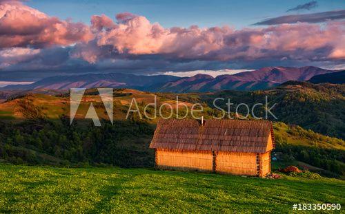 Pink and Blue Light Mountains Logo - shed on the grassy hillside in red evening light. gorgeous ...