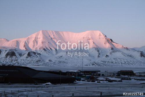 Pink and Blue Light Mountains Logo - Longyearbyen, Svalvard city view with mountains in the background ...