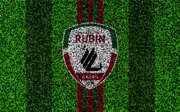 Purple and Green Football Logo - Download wallpaper FC Rubin Kazan, 4k, logo, grass texture, Russian