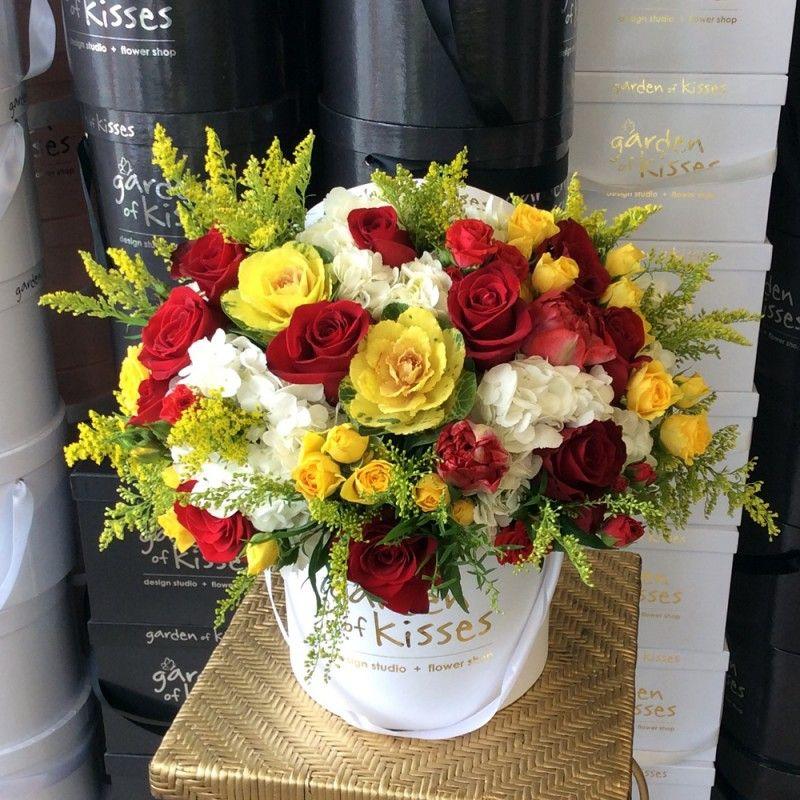 Red White Yellow Flower Logo - White Red Yellow Roses in Round White Box of Kisses